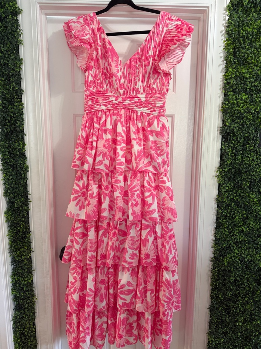 Pink Floral Tiered V-Neck Maxi Dress